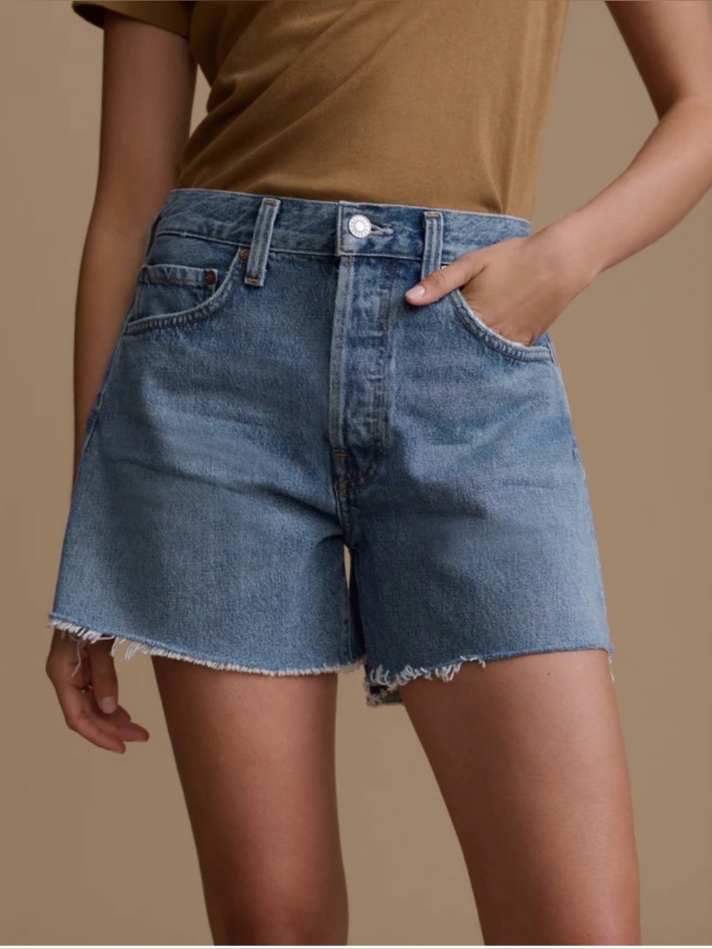 AGOLDE Parker Long High-Rise Cut Off Denim Shorts Skywave Size 29